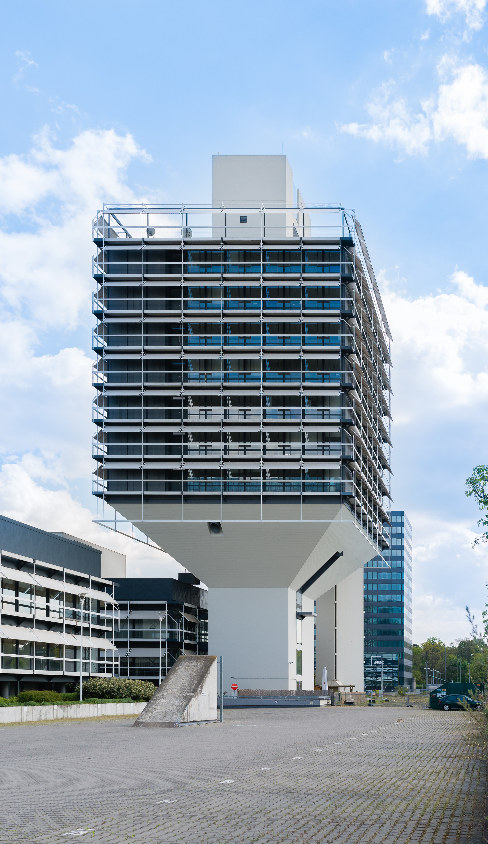 Funnel-shaped building in Frankfurt Niederrad Germany 2014 - 02