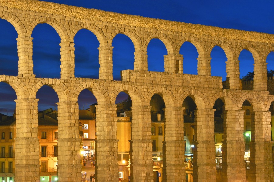 Detail aqueduct Segovia at dusk