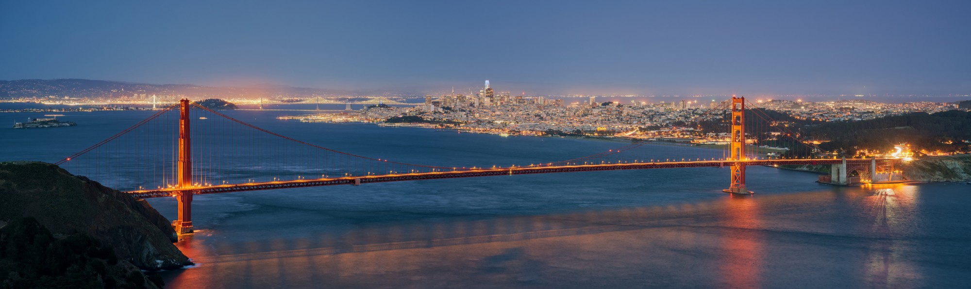Golden Gate Bridge and San Francisco skyline from Hawk Hill at Blue Hour dllu