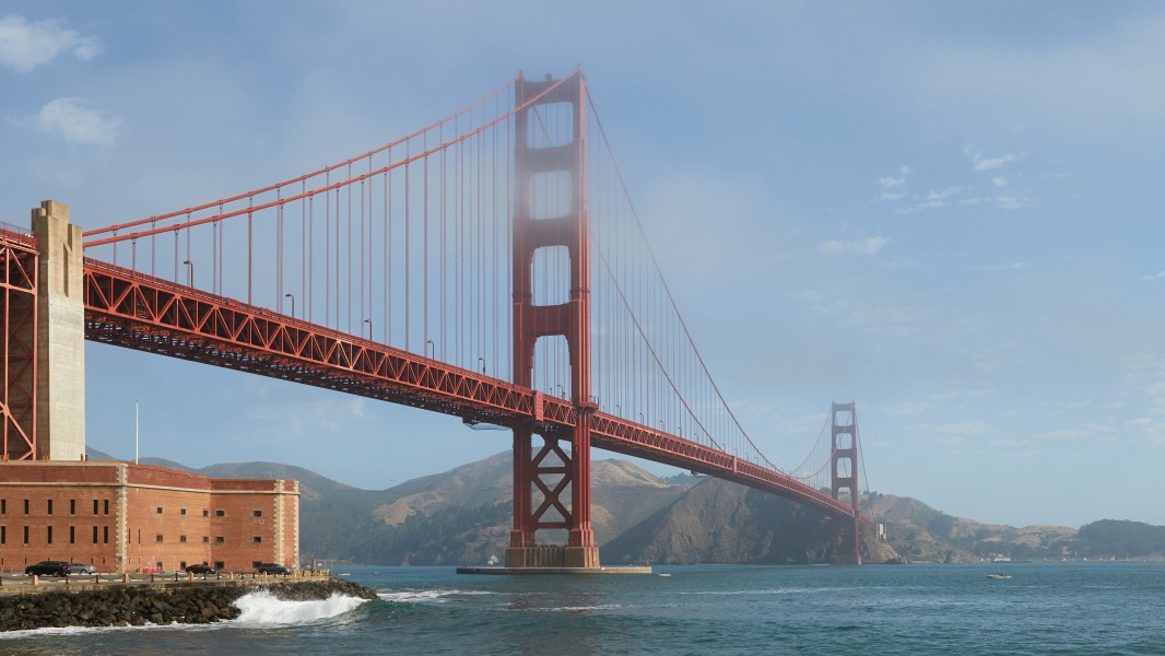Golden Gate Bridge in light morning fog