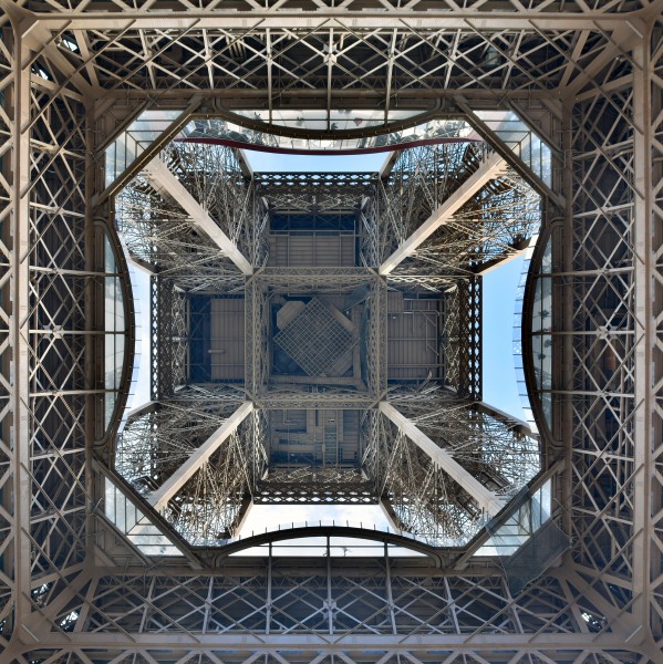 Looking up the center of the Eiffel Tower 2016