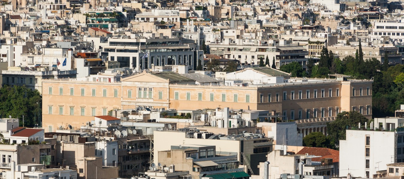 Top Hellenic Parliament building from Acropolis Athens Greece