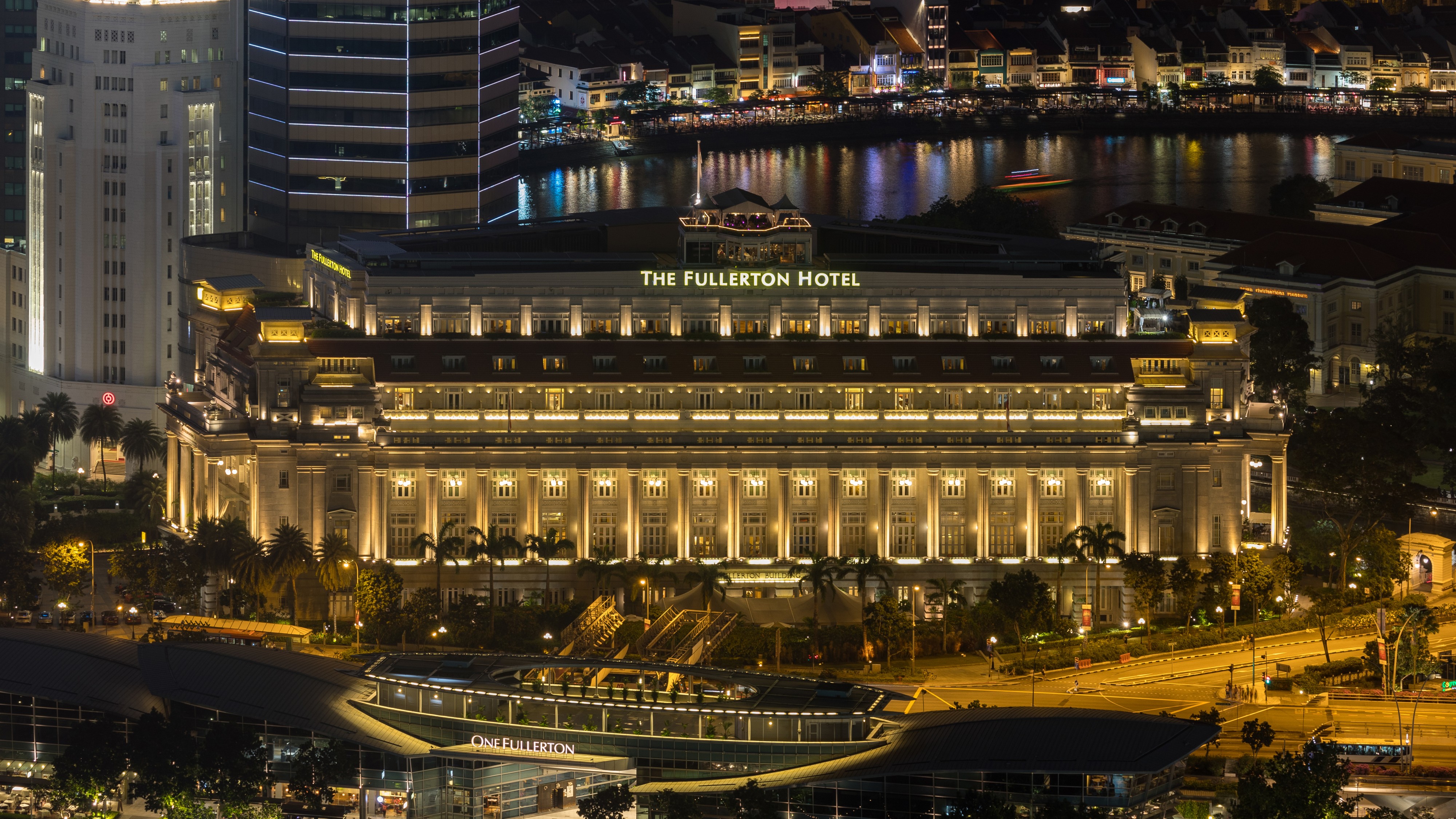 Aerial photographs of The Fullerton Hotel of Singapore at night