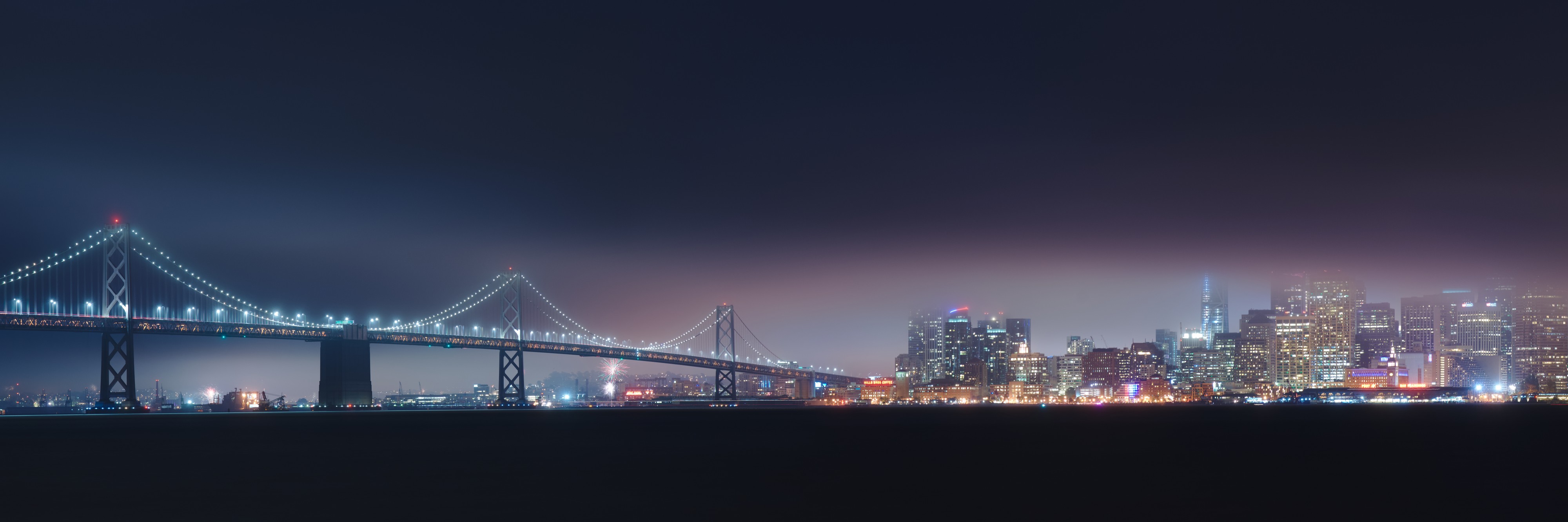 San Francisco skyline on a foggy 4th of July night