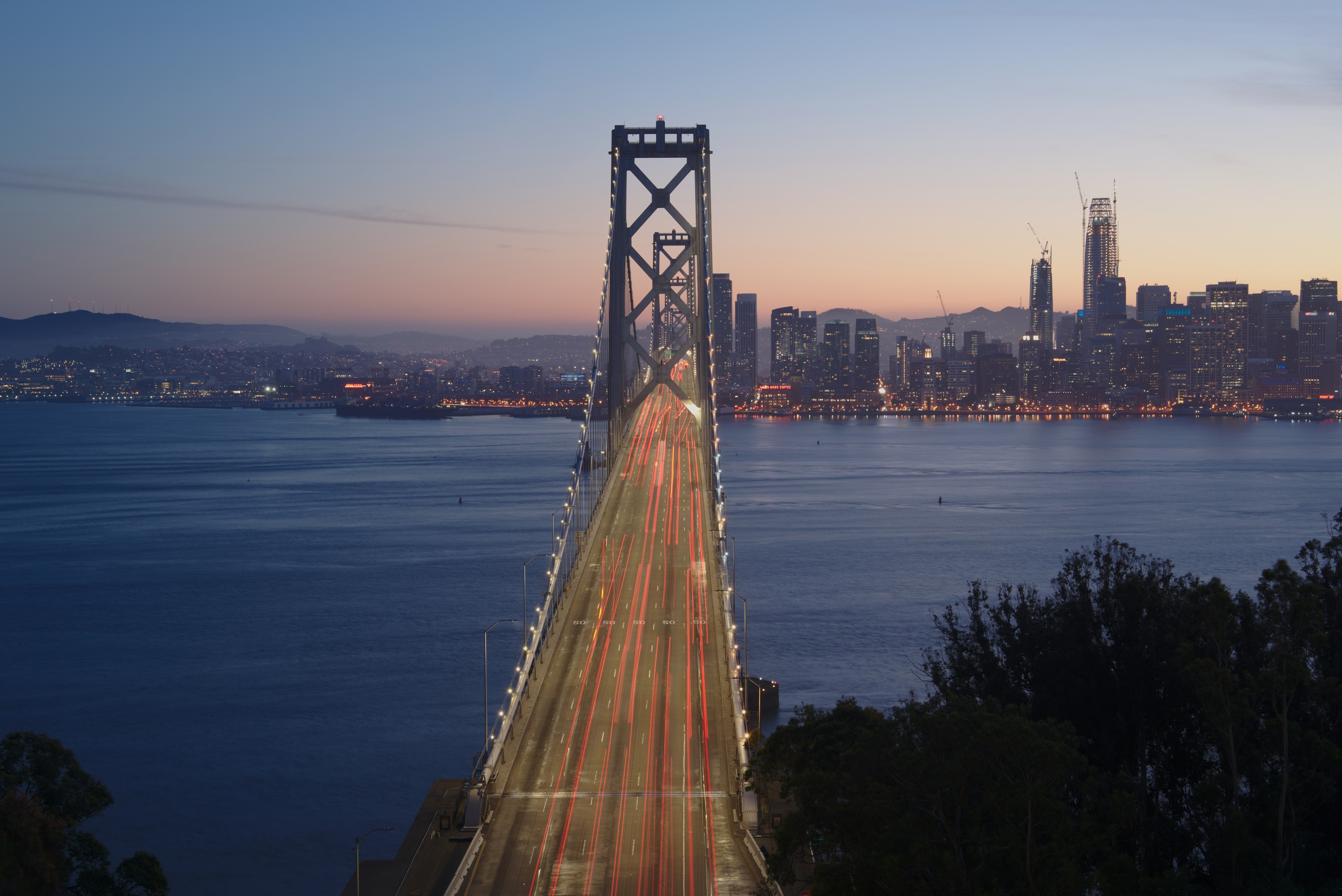 Western Span of the San Francisco-Oakland Bay Bridge at dusk, seen from Yerba Buena Island