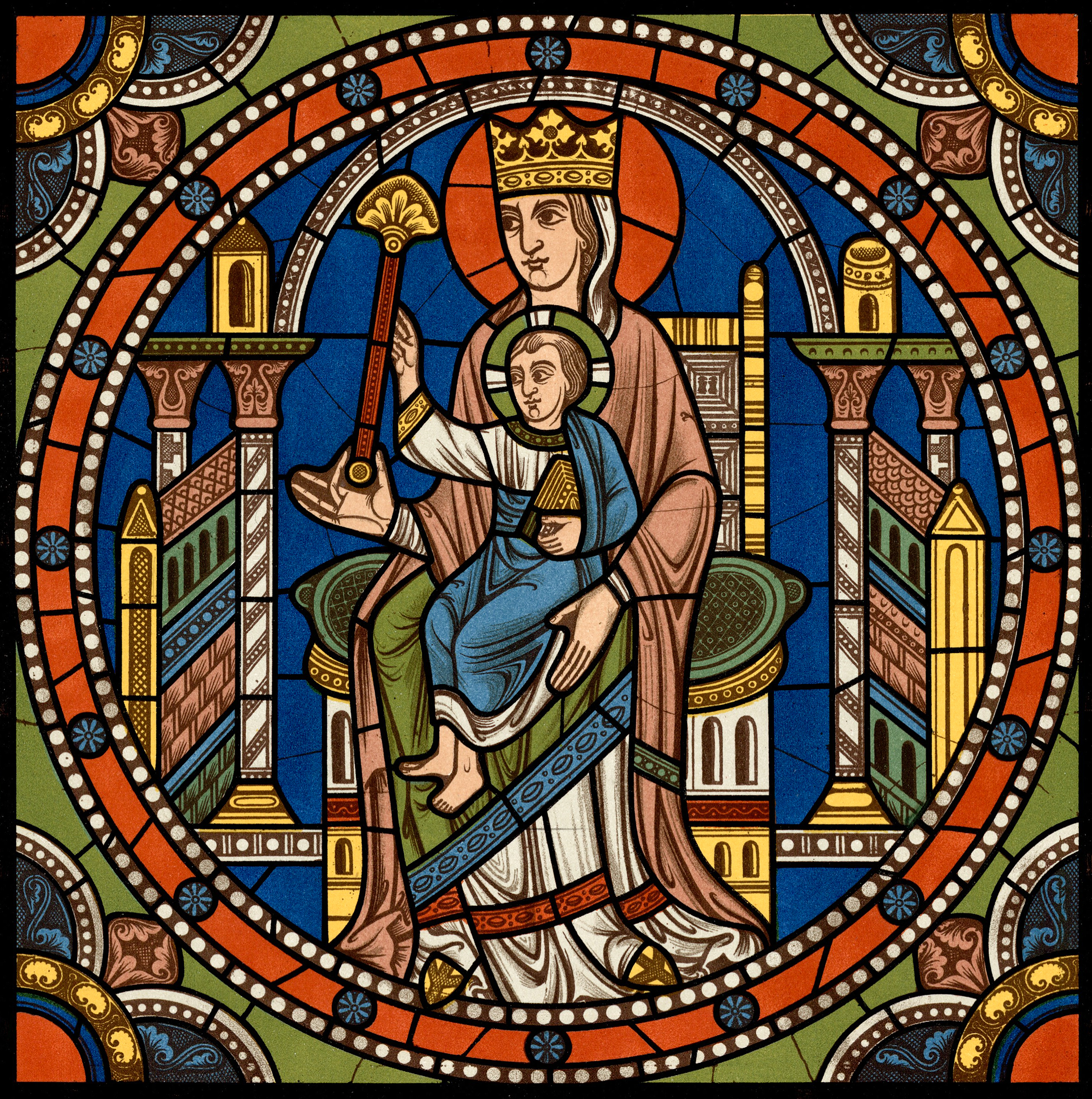 Chartres VITRAIL DE LA VIE DE JÉSUS-CHRIST Motiv 08 La Vierge et l’Enfant Jésus recevant les Mages