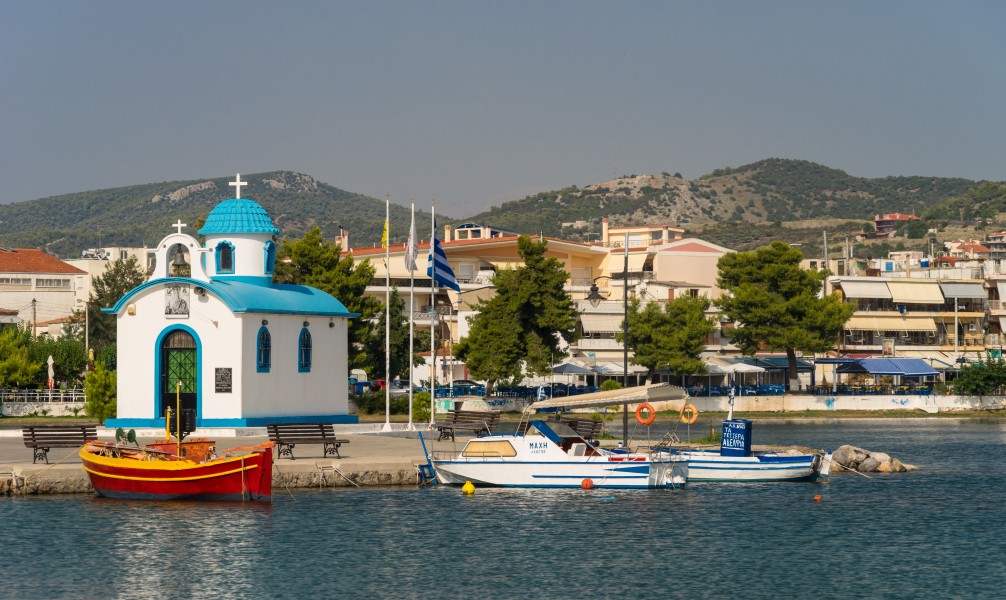 Harbour chapel, red boat, Nea Artaki, Evia Greece