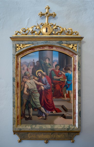 Station of the cross 1 Jesus is condemned to death in the Saint Antony church in St. Ulrich