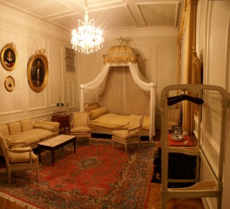 Bedroom in the BГ©atrice-von-Wattenwyl-Haus, the state reception house of the Swiss Confederation on Junkerngasse 59 in Berne, Switzerland.