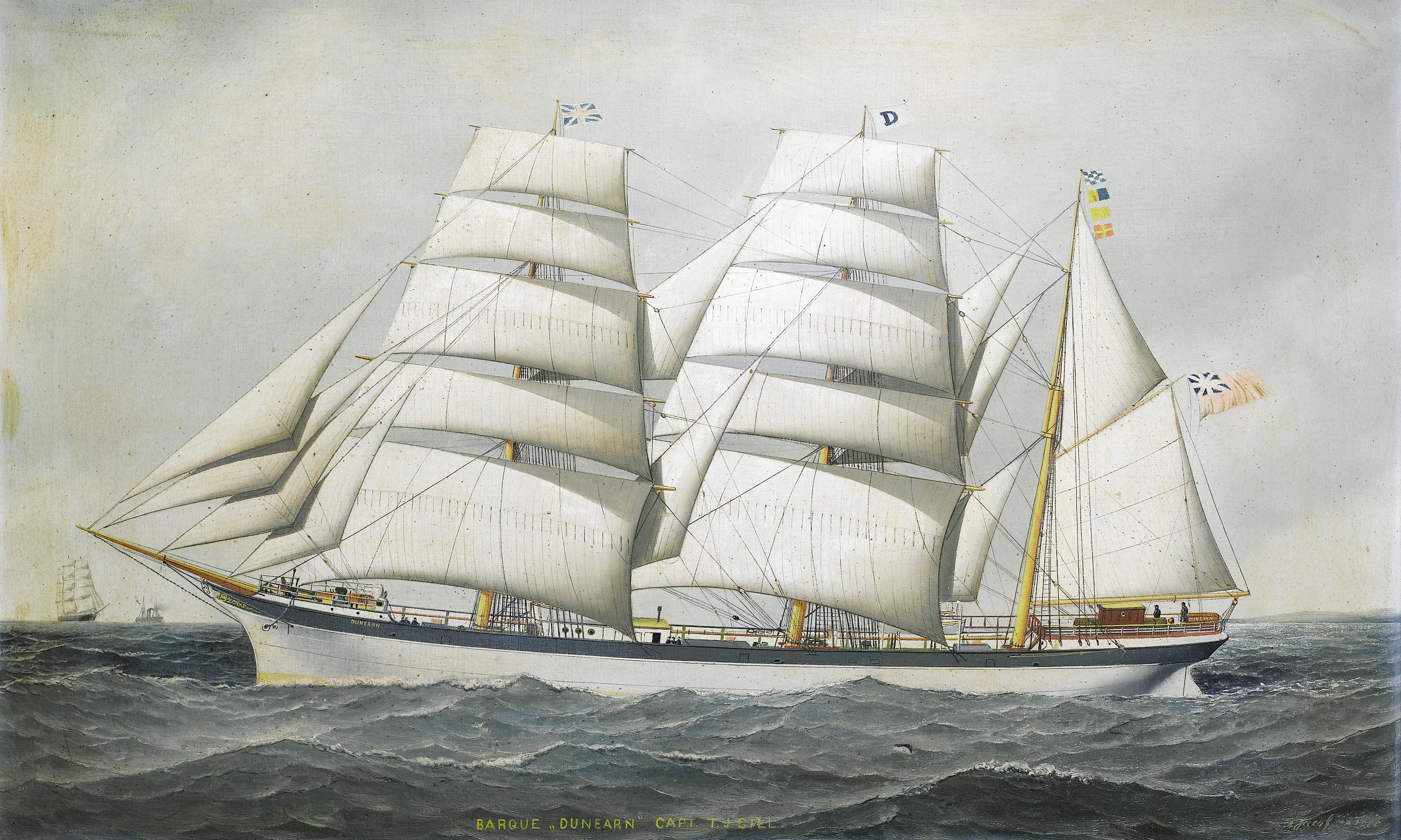 Antonio Jacobsen - The British barque Dunearn at sea under full sail and calling for a pilot