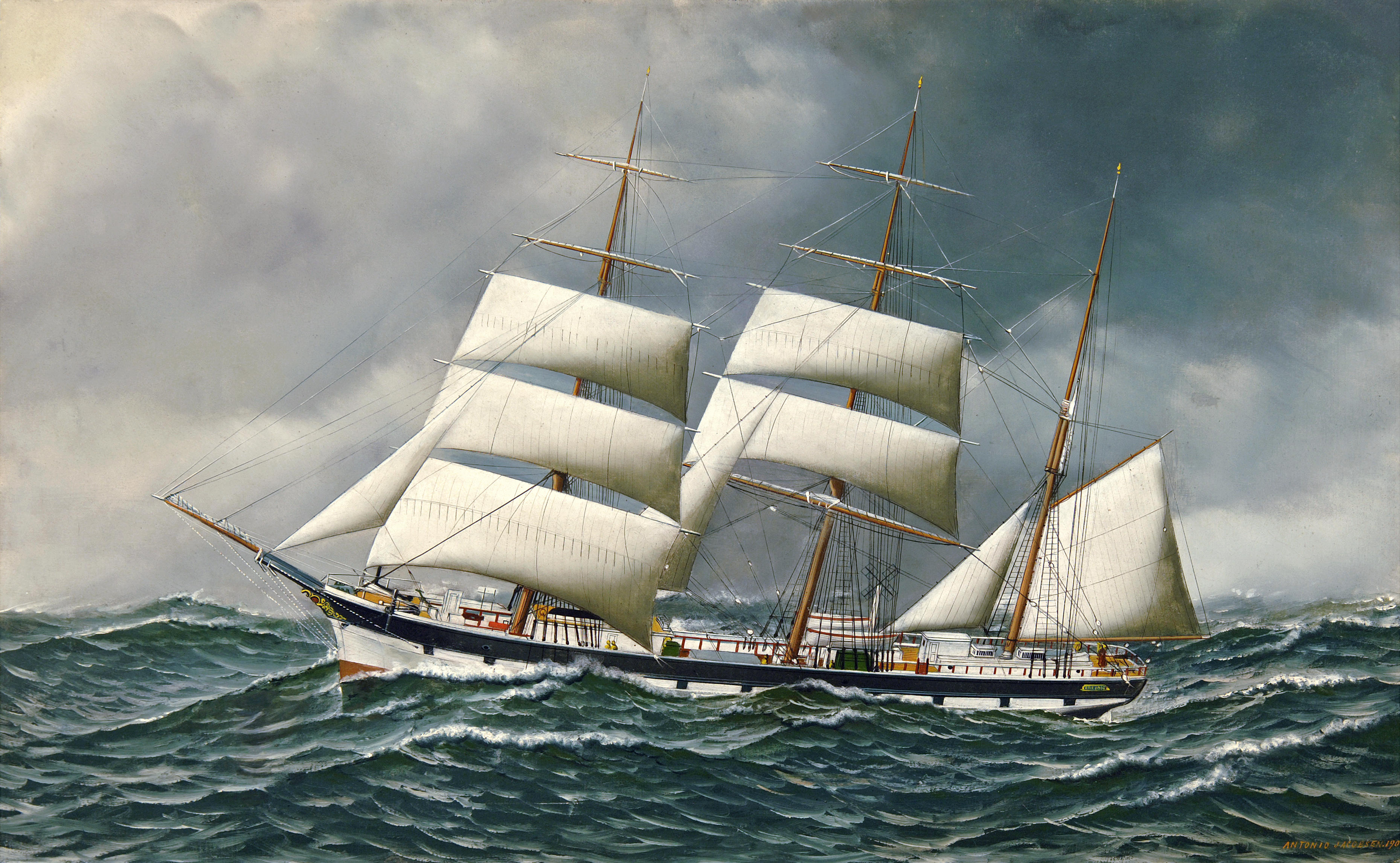 Antonio Jacobsen - The Norwegian bark Friedig at sea under reduced sail