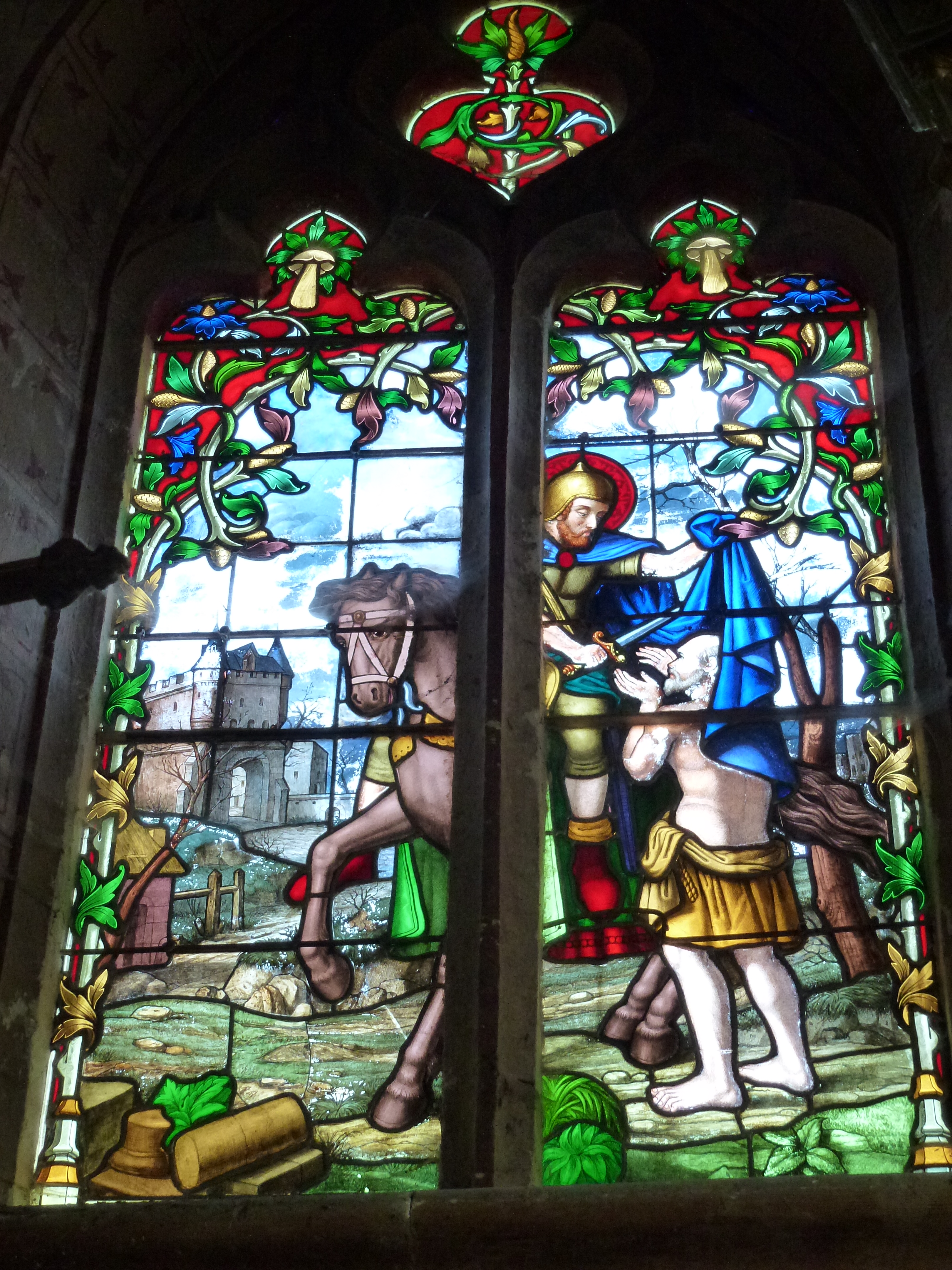 Prez (Ardennes) église, vitrail Saint George et le mendiant