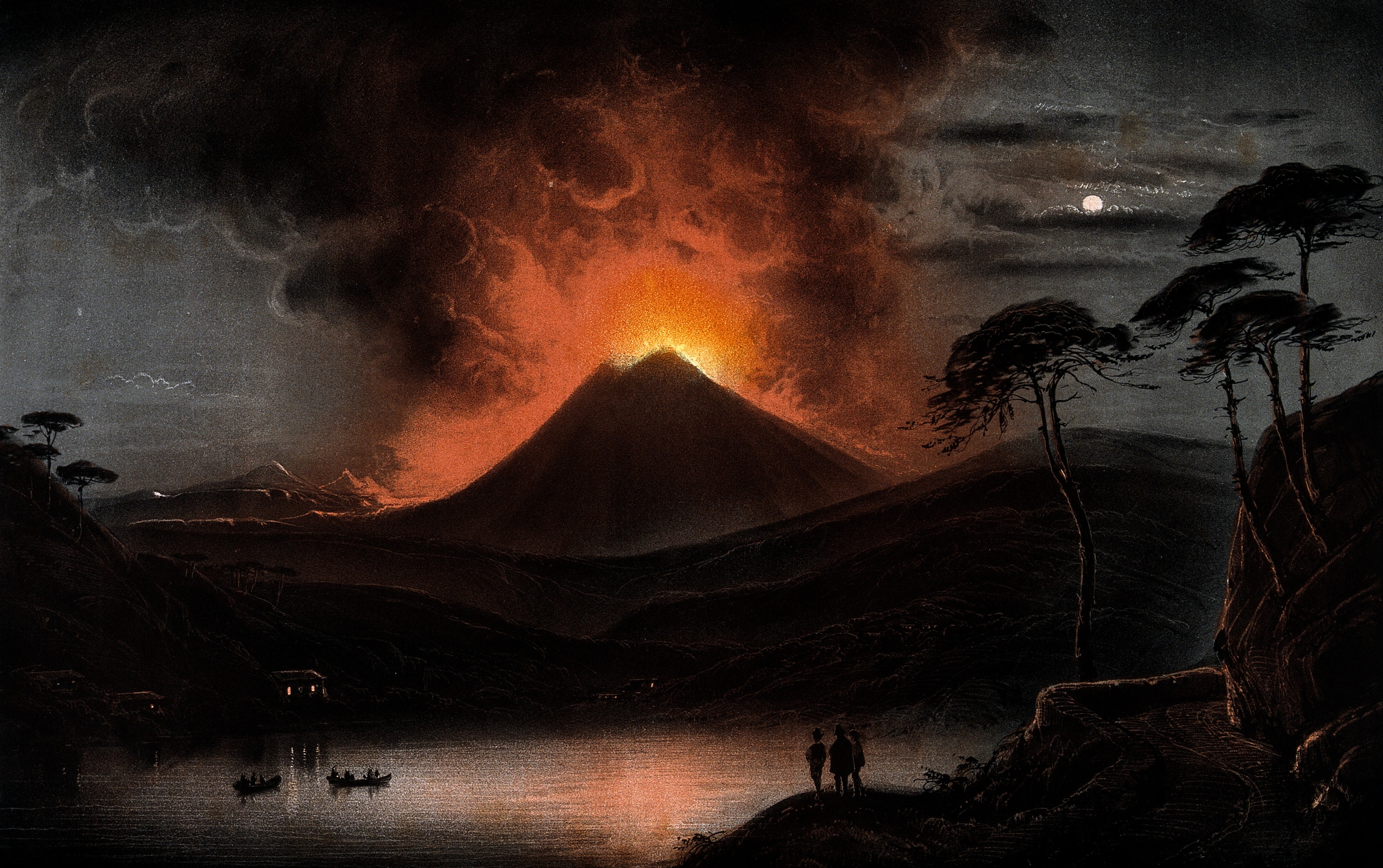 A volcano (Mount Etna?) erupting at night. Coloured aquatint Wellcome V0025183