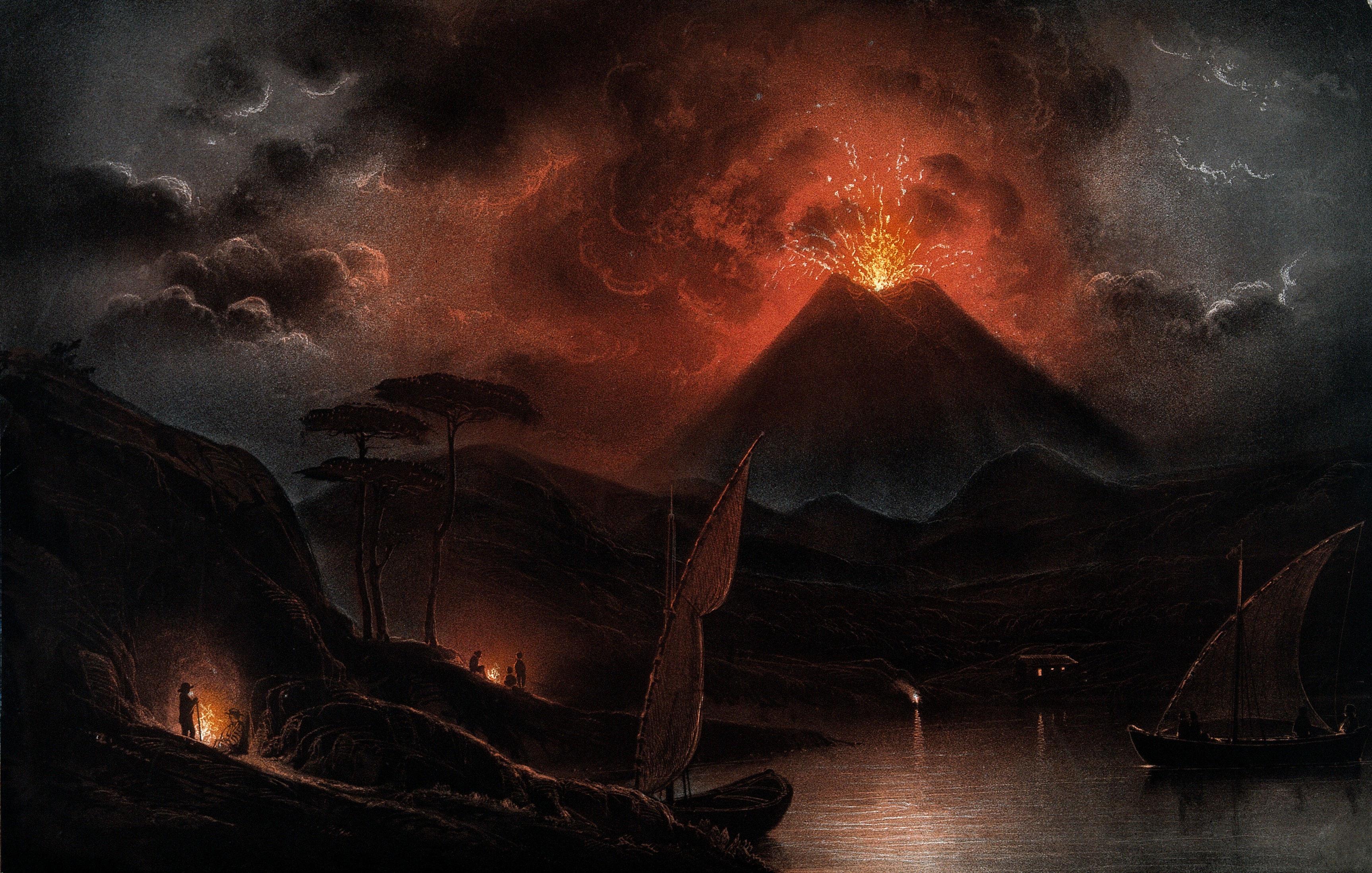 A volcano (Mount Etna?) erupting at night. Coloured aquatint Wellcome V0025184