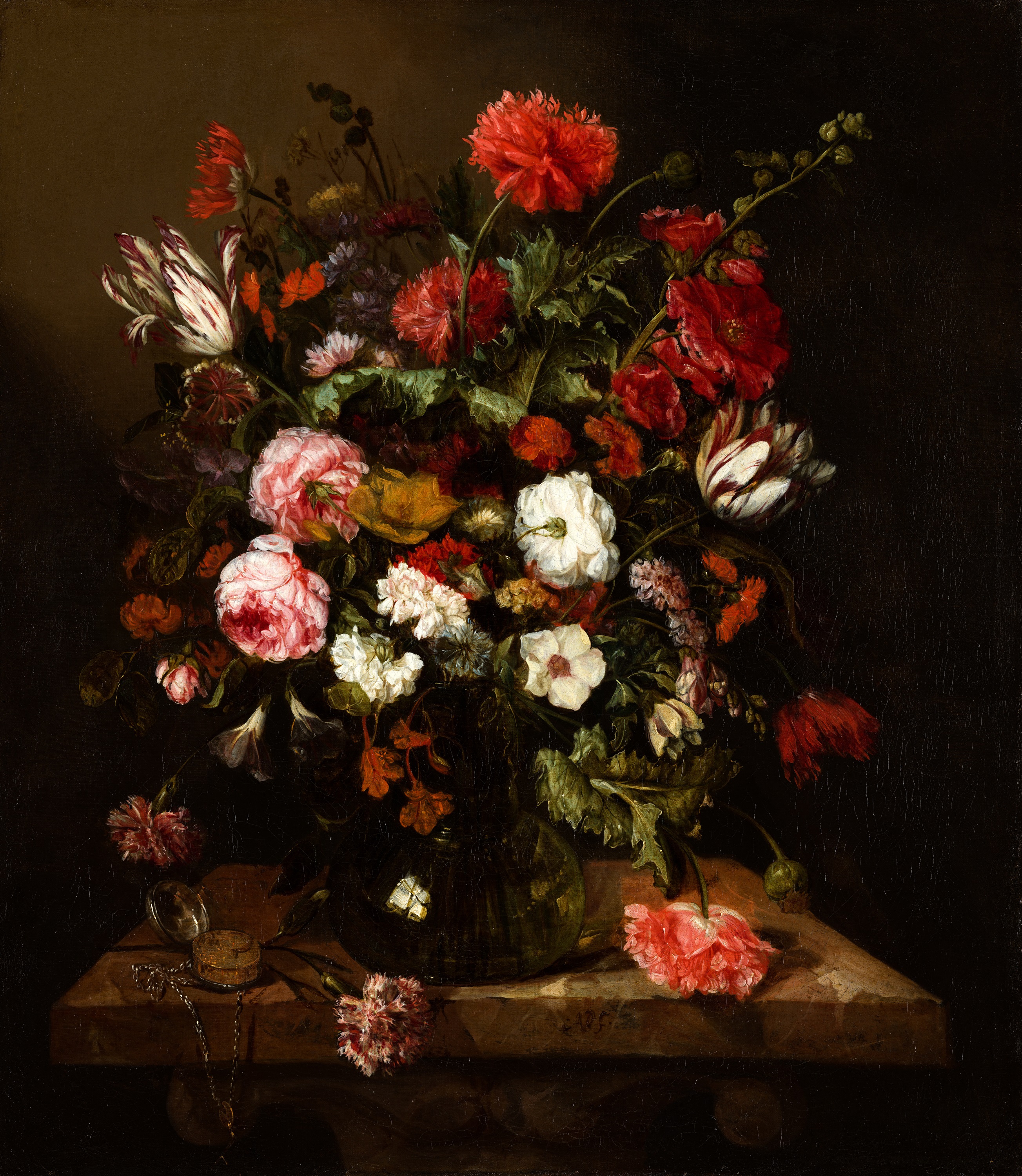 Abraham van Beijeren - Flower Still Life with a Timepiece