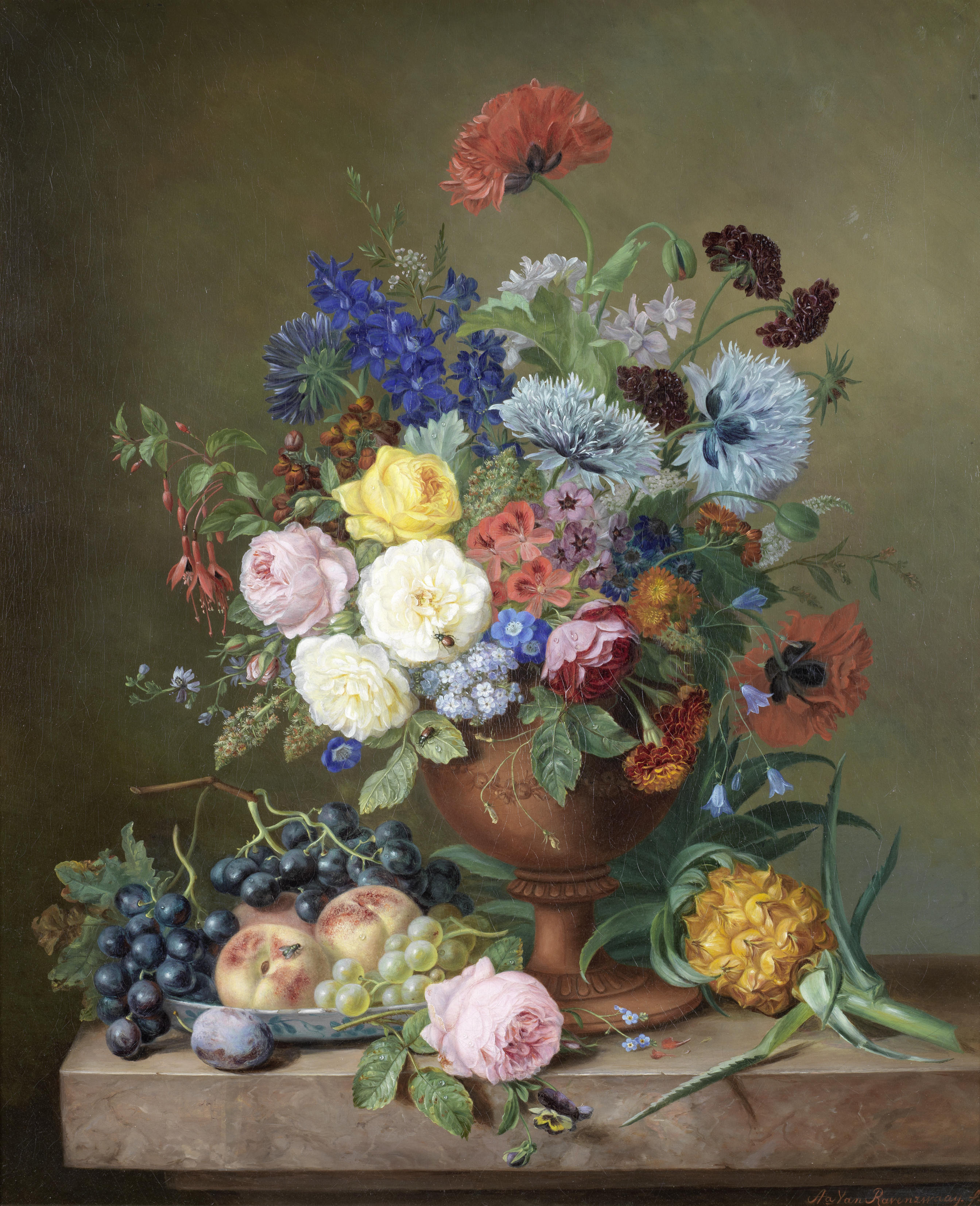 Adriana van Ravenswaay A vase of mixed flowers and fruit on a marble ledge