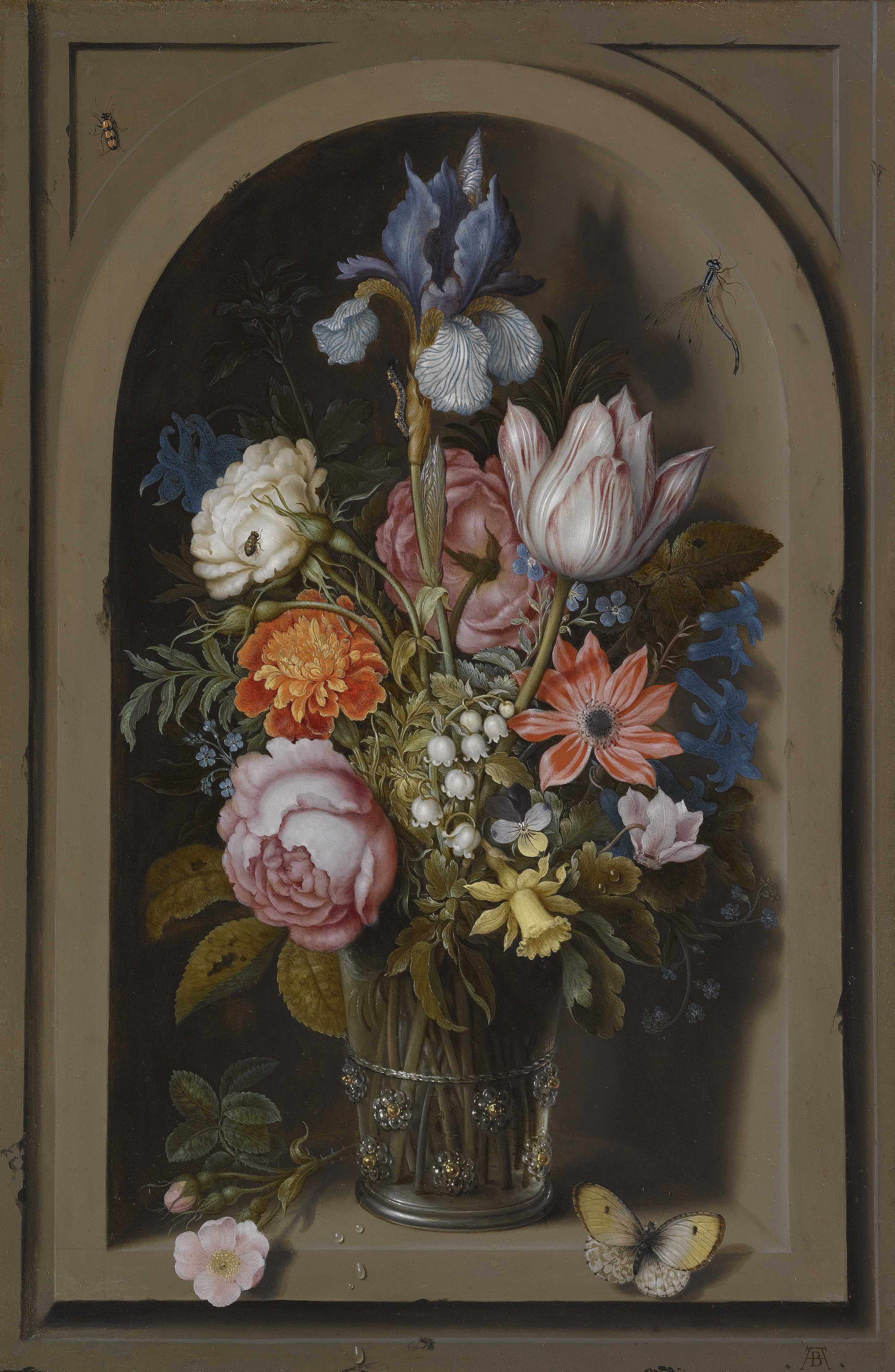 Ambrosius Bosschaert the Elder A still life of flowers in a glass beaker
