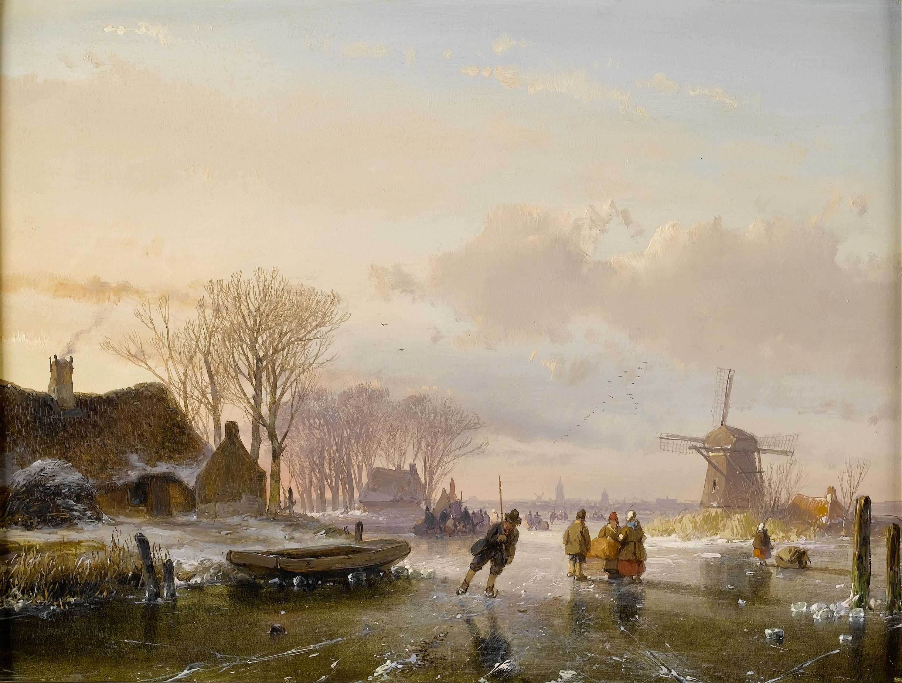 Andreas Schelfhout - Skaters en cijfers op een bevroren rivier, Haarlem in de verte