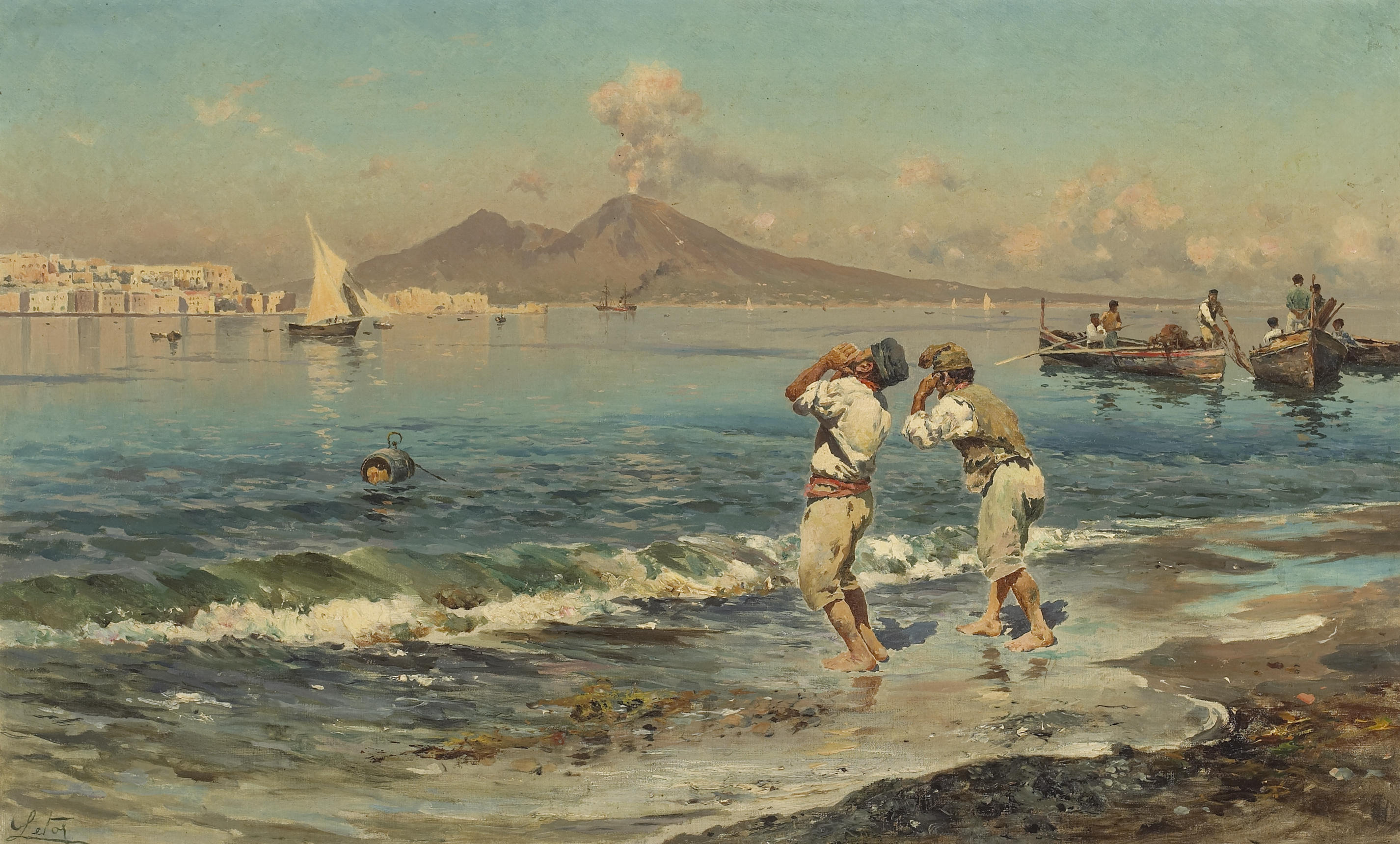 Antonino Leto - Una veduta del golfo di Napoli con i pescatori nella priorità alta