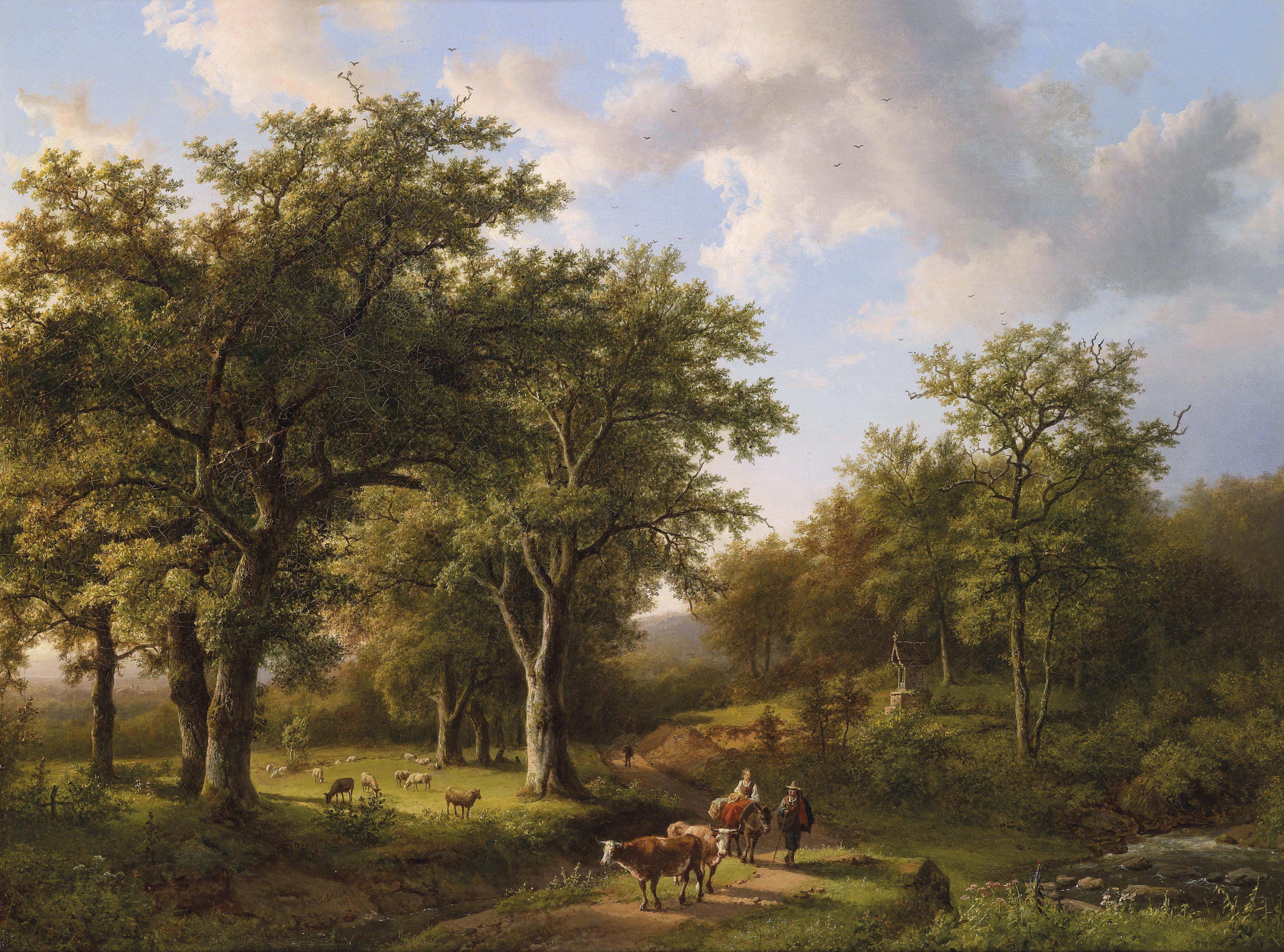 Barend Cornelis Koekkoek Waldlandschaft mit Hirten und Vieh 1857