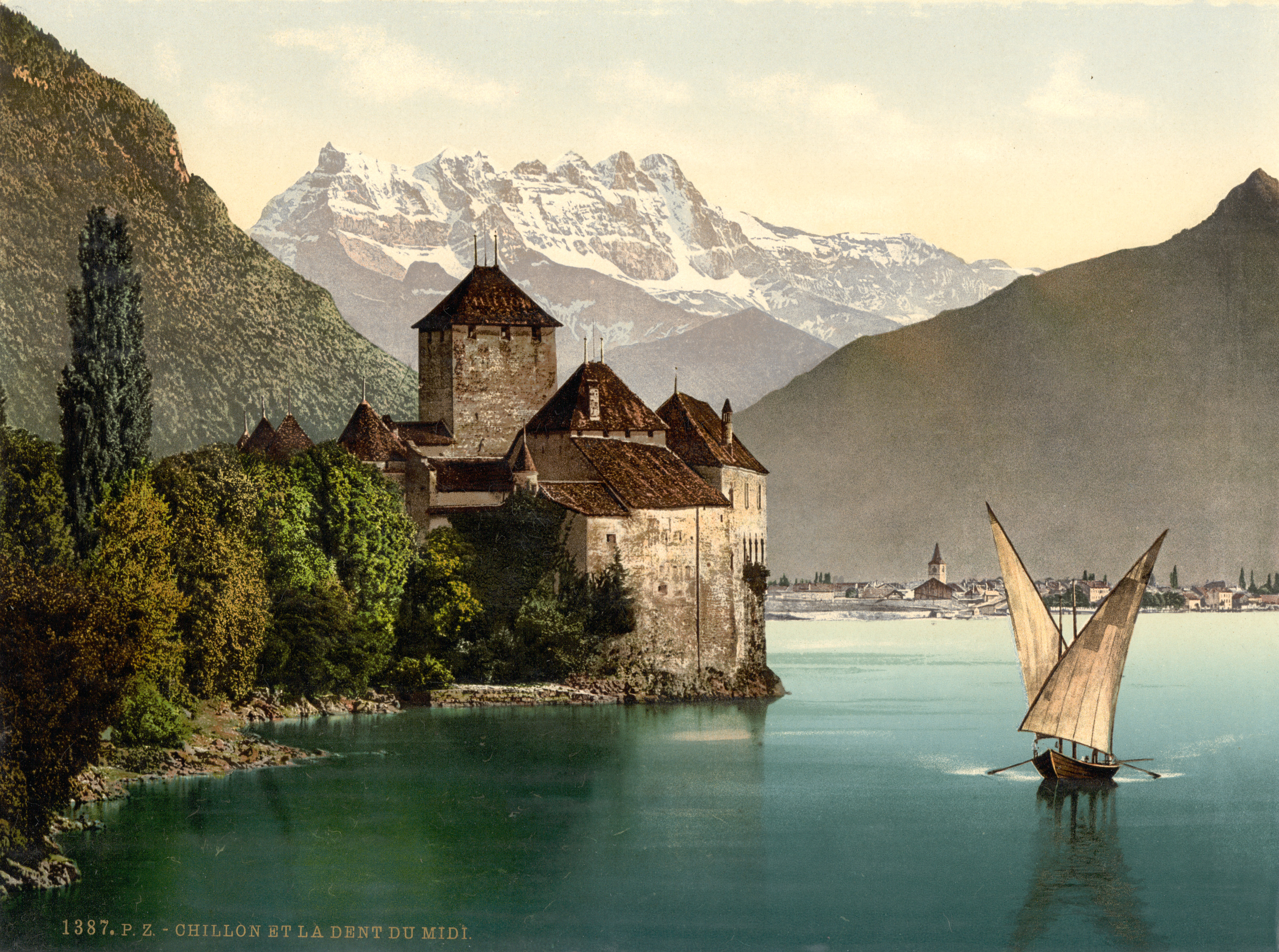 Chillon Castle and Dent du Midi Geneva Lake Switzerland