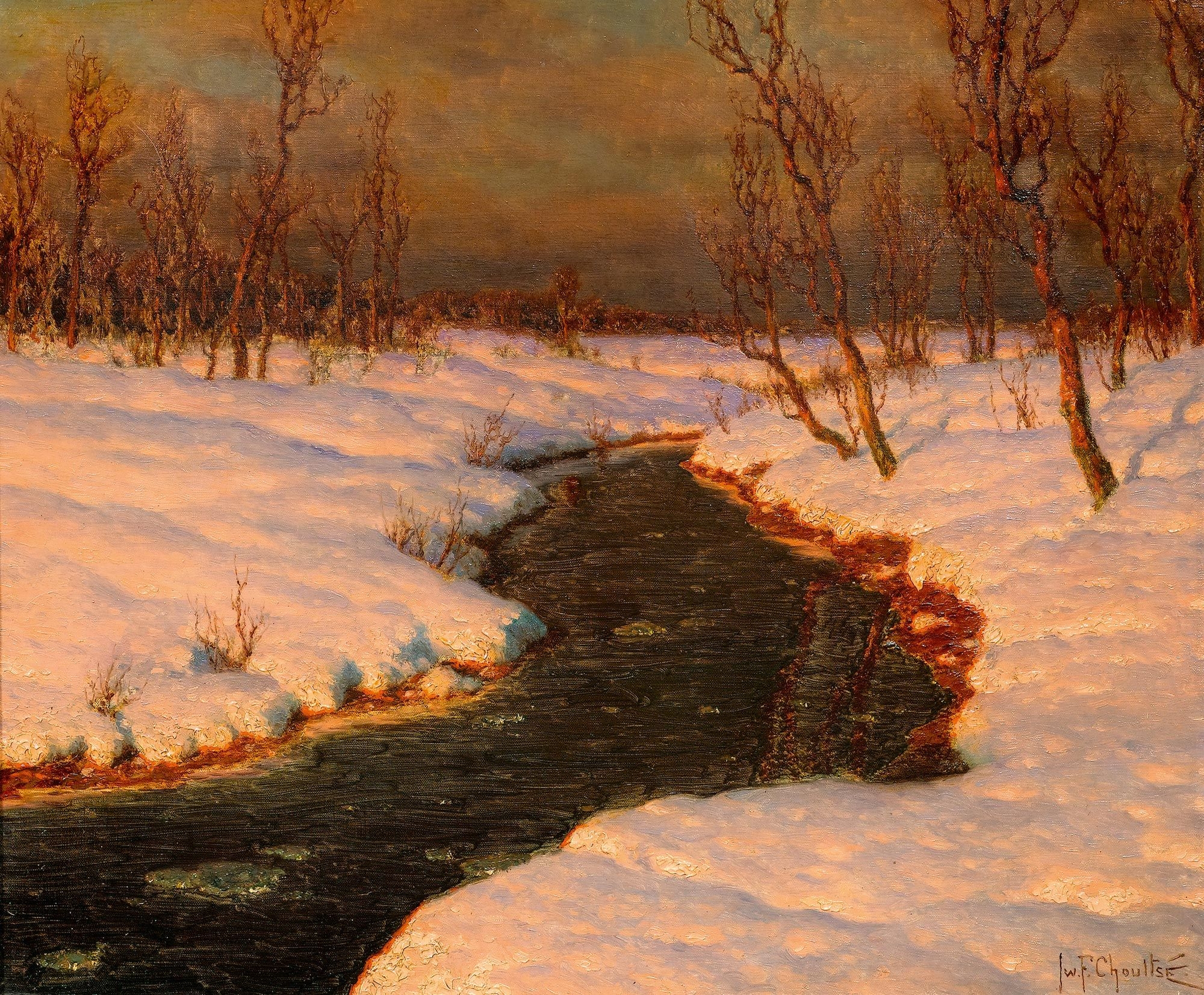Иван Федорович Шульце - Снежный пейзаж с рекой на закате
