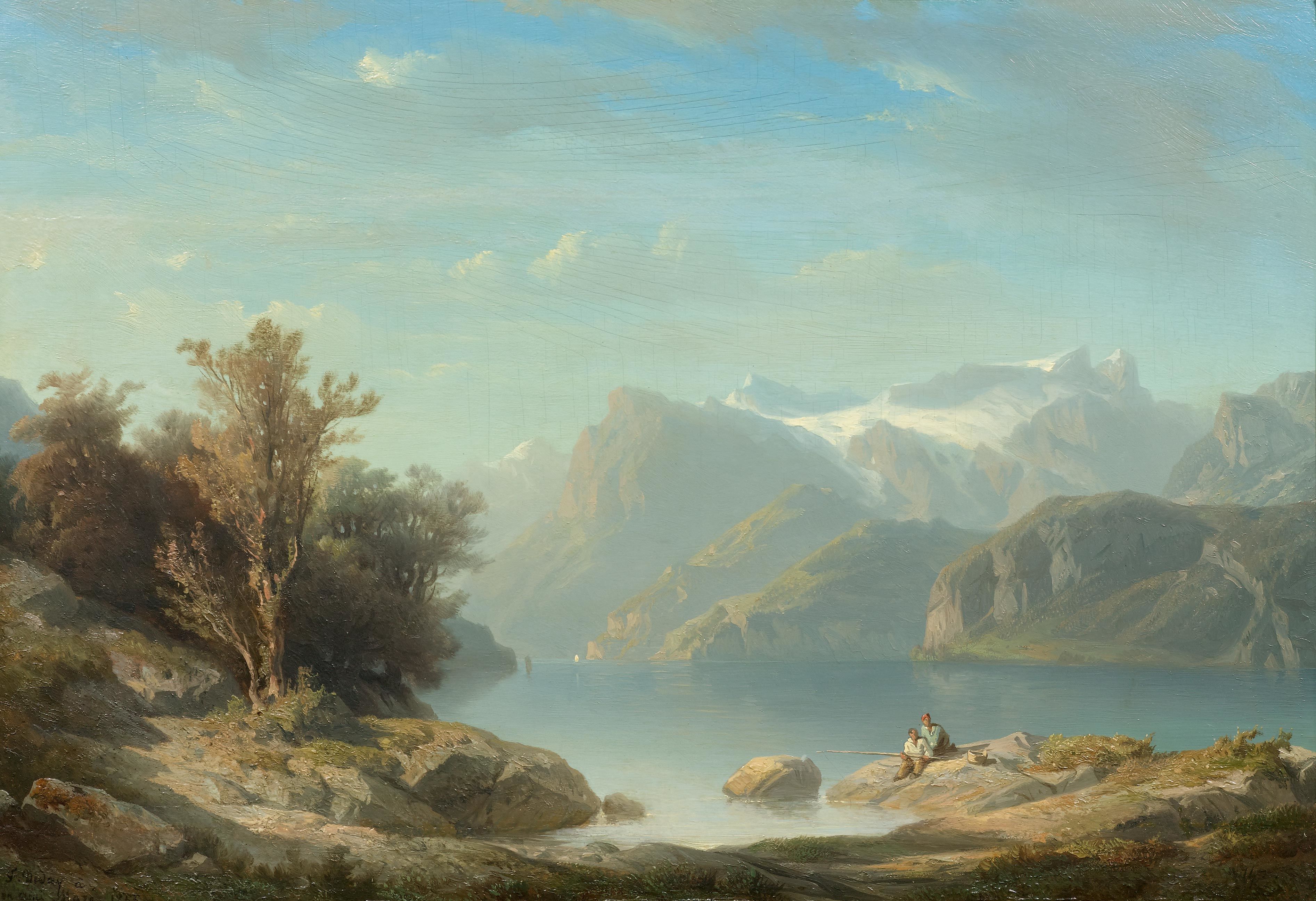 François Diday - Lake Lucerne near Brunnen with a view of Seelisberg, the Rütli meadow and the Engelberger Rotstock (1855)