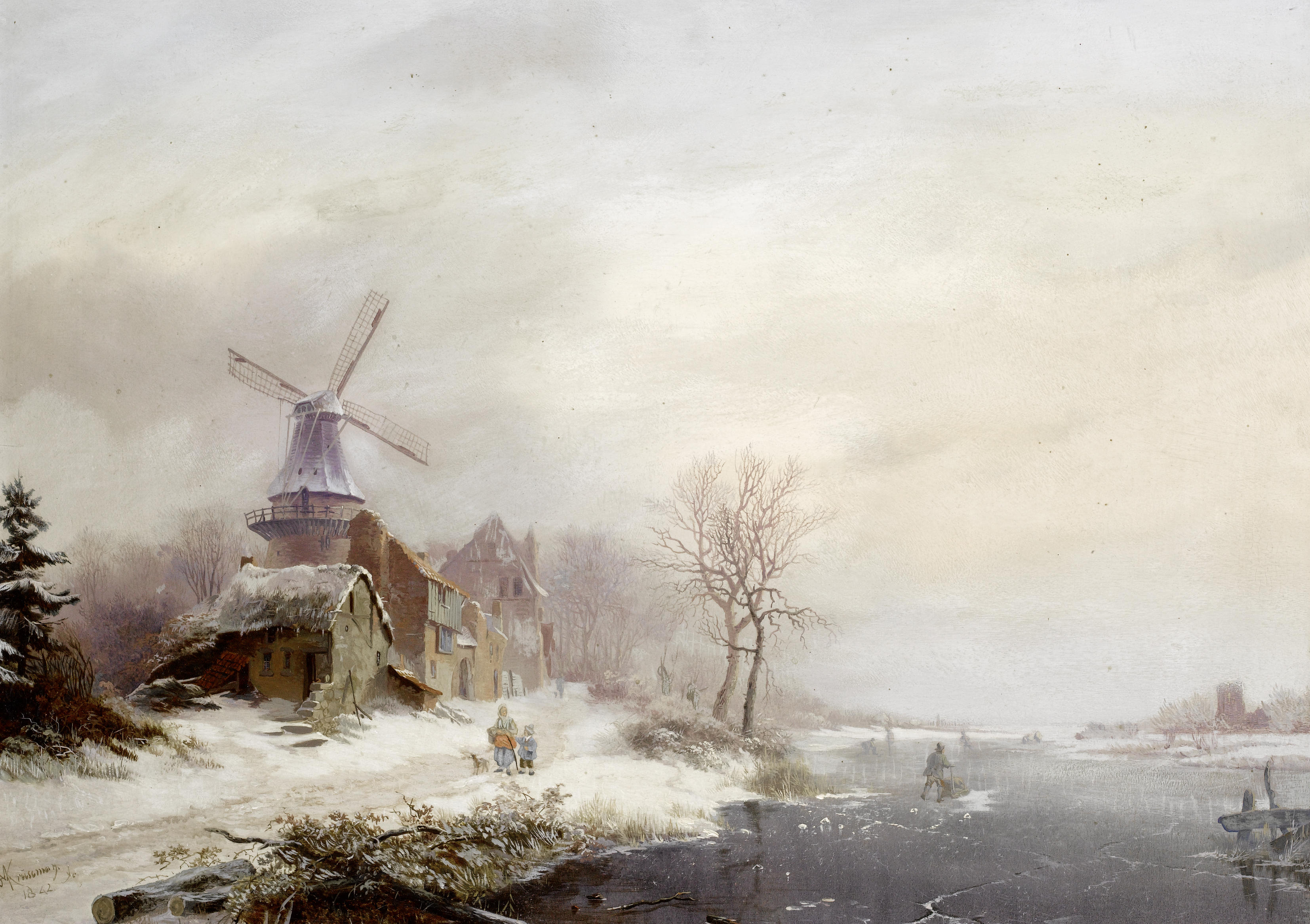 Frederik Marinus Kruseman - Winter landschap met gehucht, windmolen en figuren