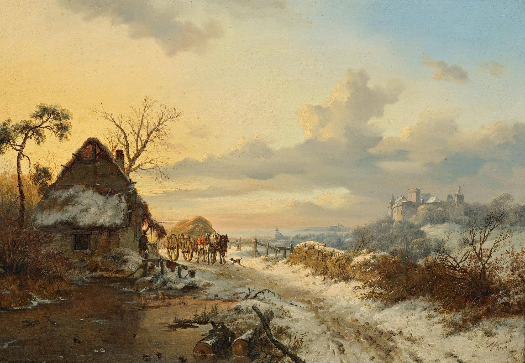 Frederik Marinus Kruseman - Winterlandschap met paarden en karren