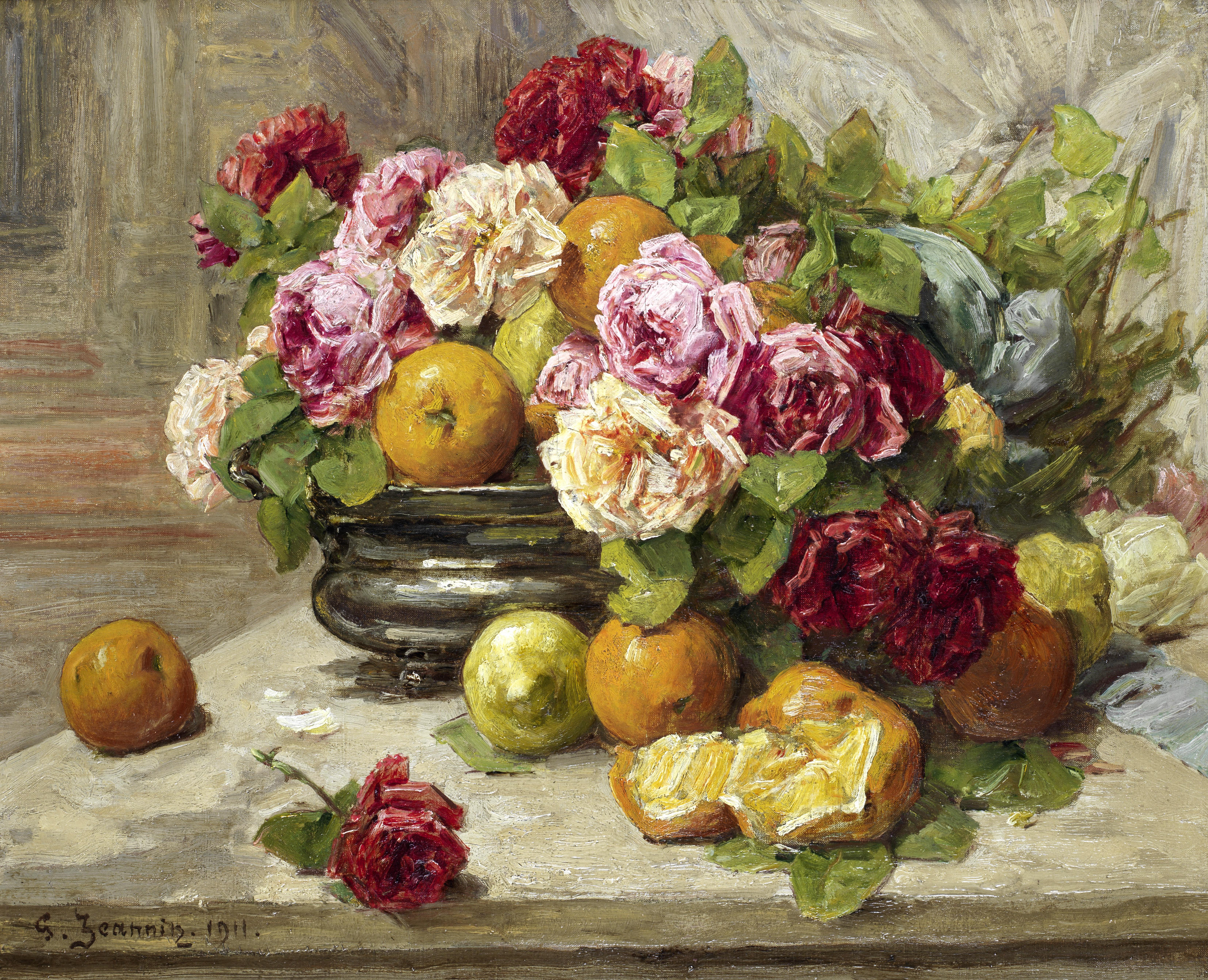 Georges Jeannin Still life of roses and citrus fruit