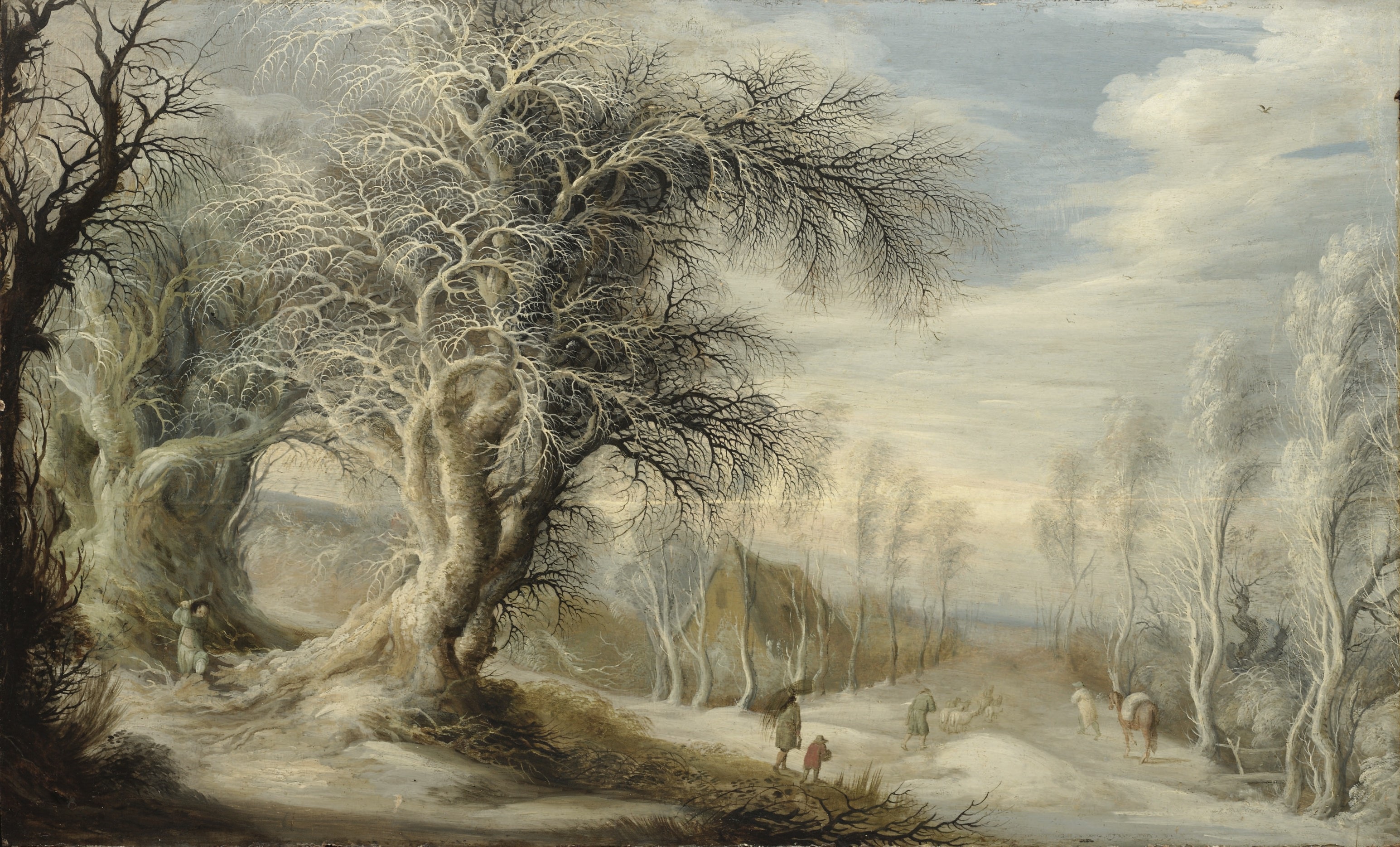 Gijsbrecht Leytens - A winter landscape with a woodsman and travellers