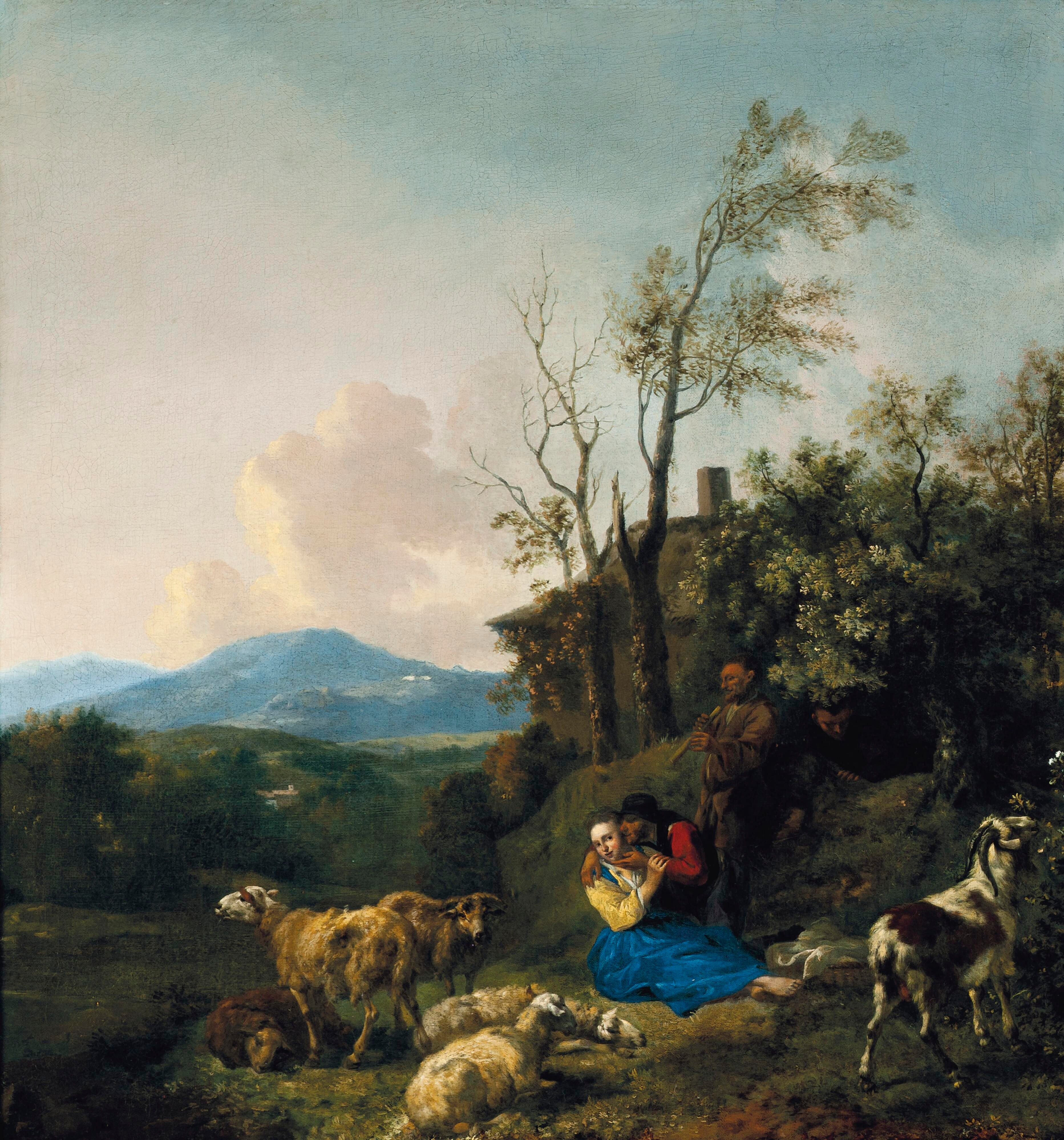 Jan-Baptist-Wolfaerts - Shepherds and their flock in a vast landscape