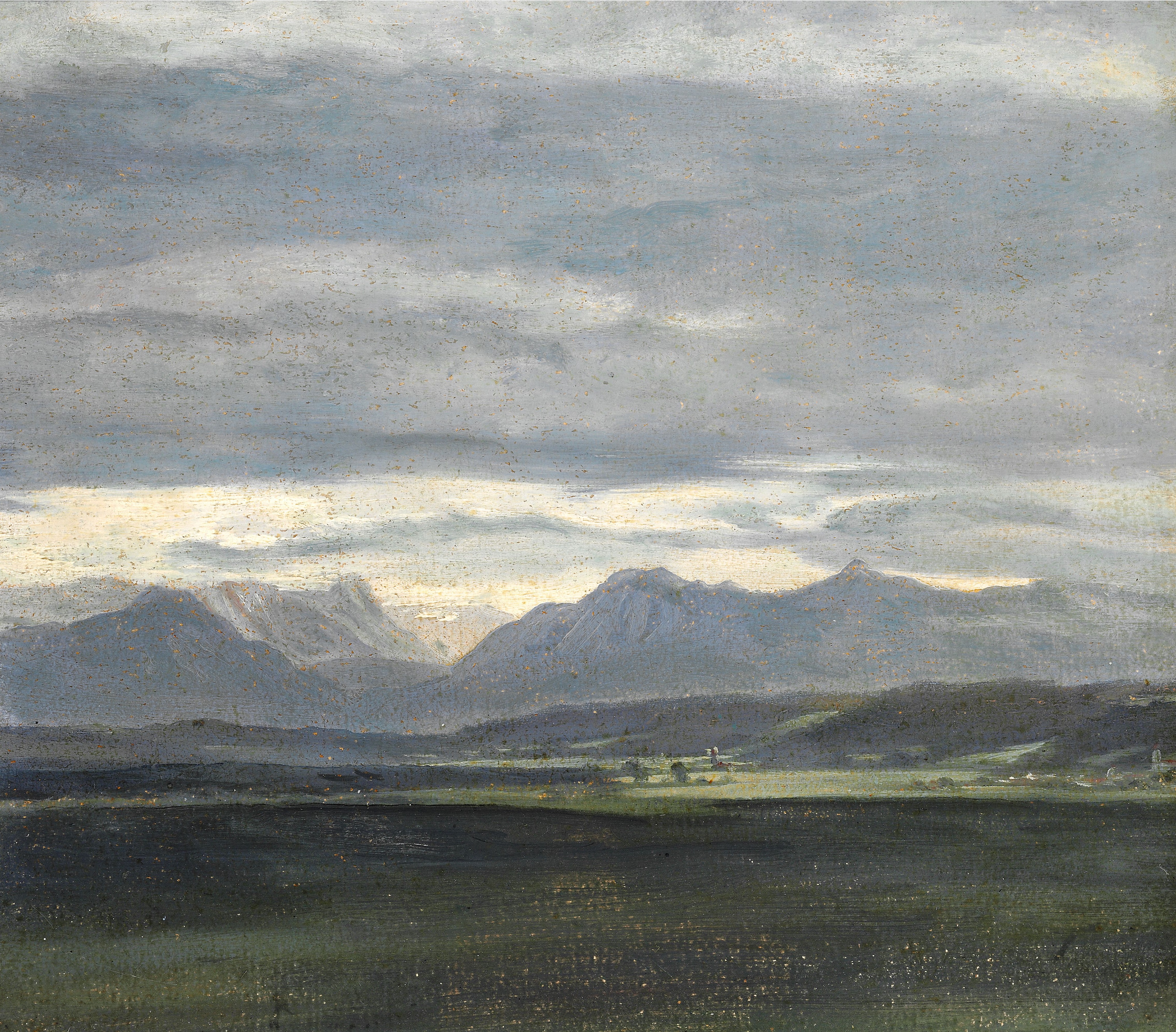 Johan Christian Claussen Dahl - Landscape Skisse med grå-blå himmelen over fjellene