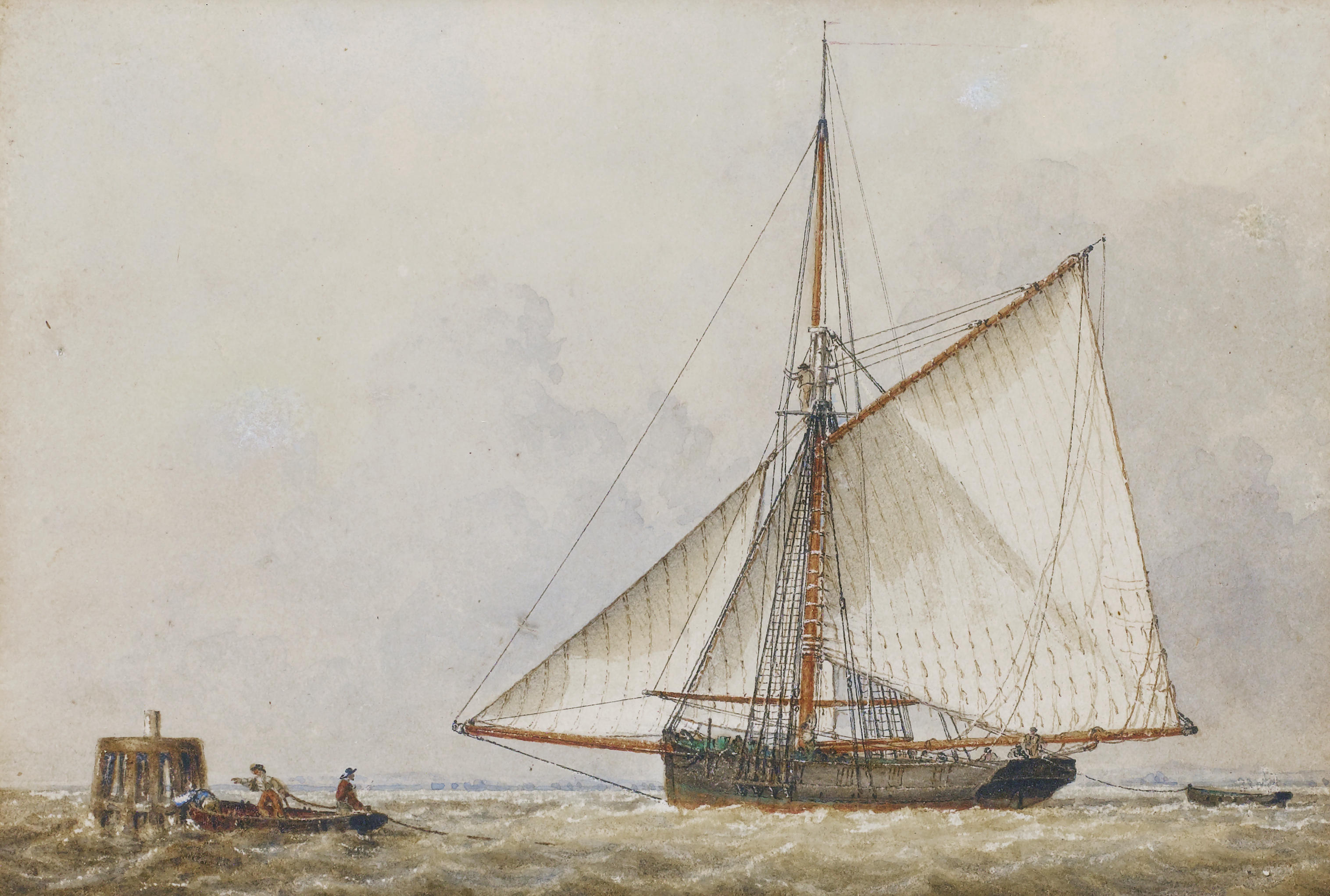 John Ward of Hull - A trading cutter shortening sail as members of her crew carry a mooring rope to a wooden dolphin nearby