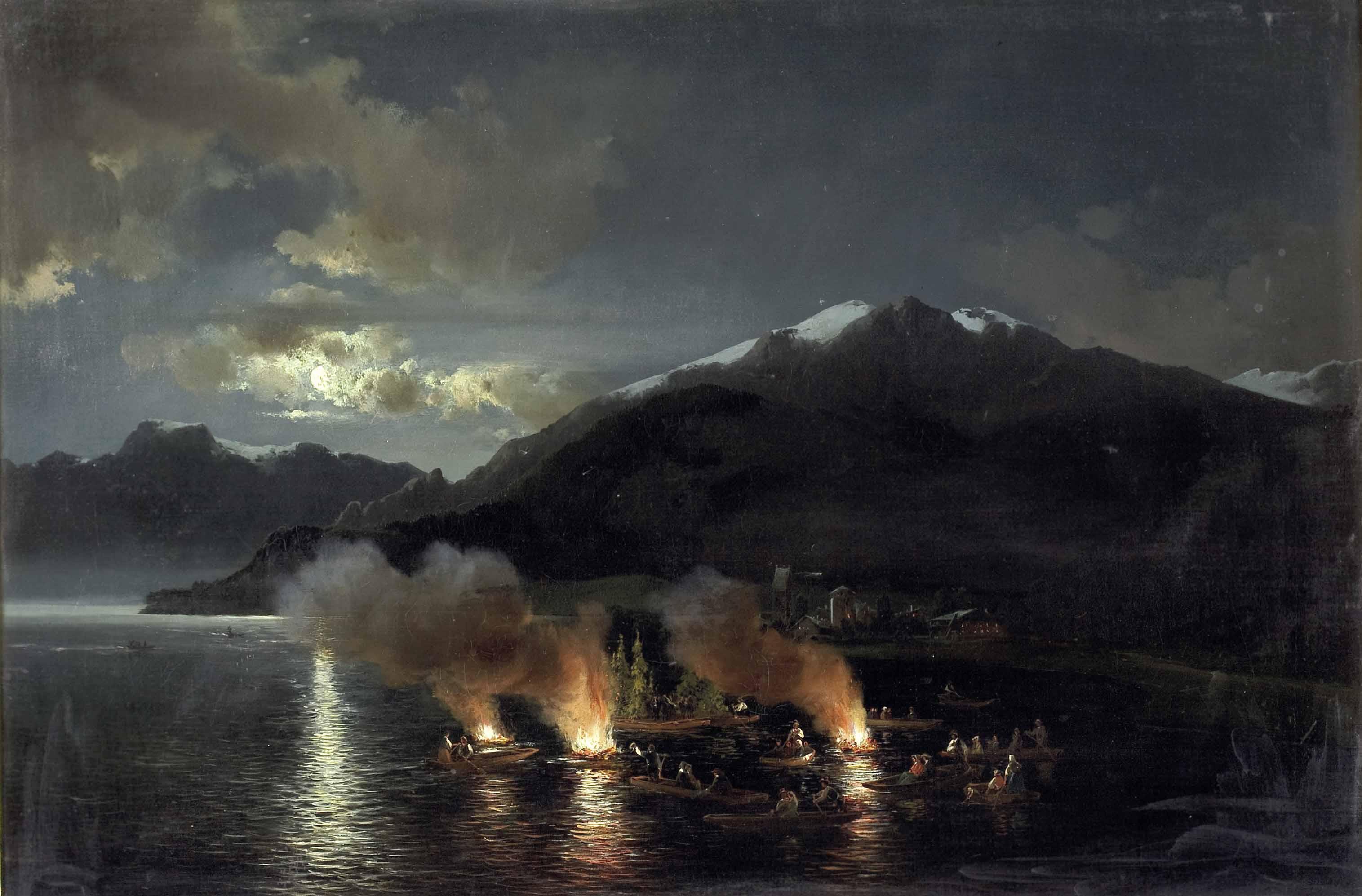 Joseph Brunner Feuer auf einem Alpensee 1855