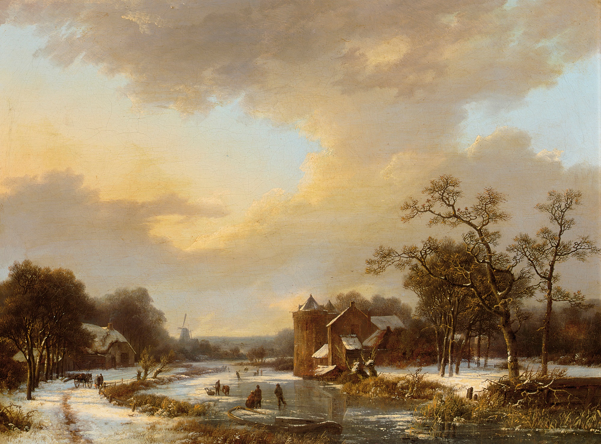 Marinus Adrianus Koekkoek - An extensive Dutch river landscape with figures on a frozen river (1844)