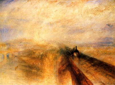 Rain, Steam and Speed - The Great Western Railway; the painting depicts an early locomotive of the Great Western Railway crossing the River Thames on Brunel's recently completed Maidenhead Railway Bridge.The painting is also credited for allowing a glimpse of the Romantic strife within Turner and his contemporaries over the issue of the technological advancement during the Industrial Revolution (see below).