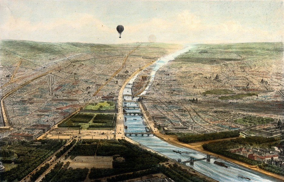A hot-air balloon travels over part of Paris giving an aeria Wellcome V0040903