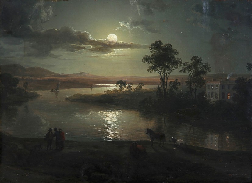 Abraham Pether - Evening scene with full moon and persons (1801)