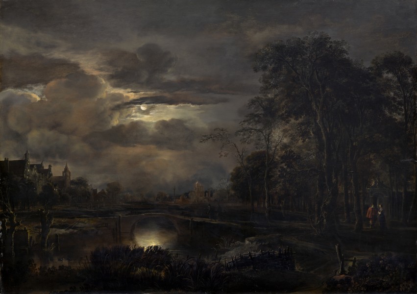 Aert van der Neer - Moonlit Landscape with Bridge