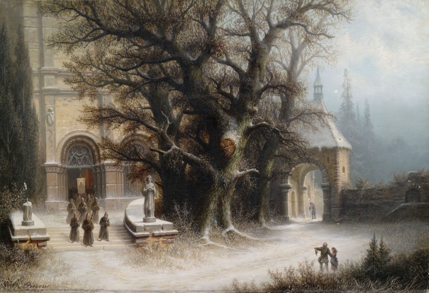Albert Bredow Prozession an einer verschneiten Klosteranlage