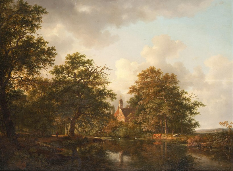 Andreas Schelfhout - Figuren en koeien bij een meer in een bosrijk landschap