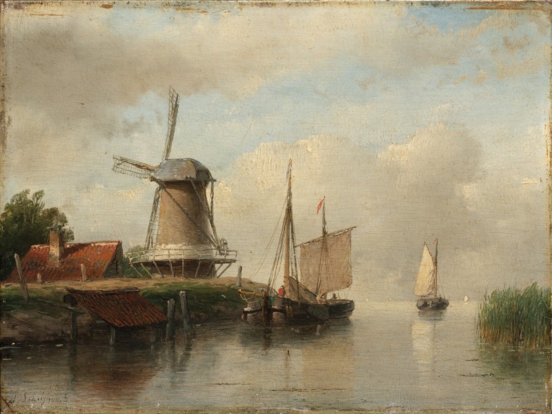 Andreas Schelfhout - Nederlandse boten afgemeerd aan een rivier naast een windmolen