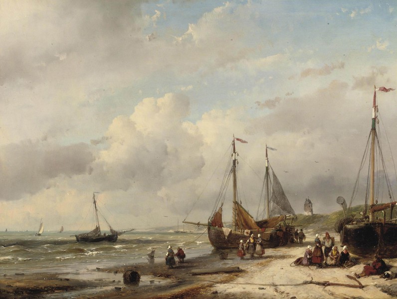 Andreas Schelfhout - Vissers en bomschuiten aan de Nederlandse kust