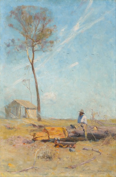 Arthur Streeton - The selector's hut (Whelan on the log) - Google Art Project