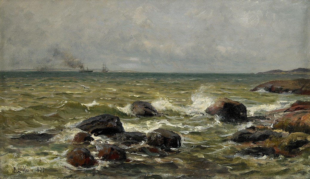 Berndt Lindholm - Kustvy med segelfartyg i horisonten