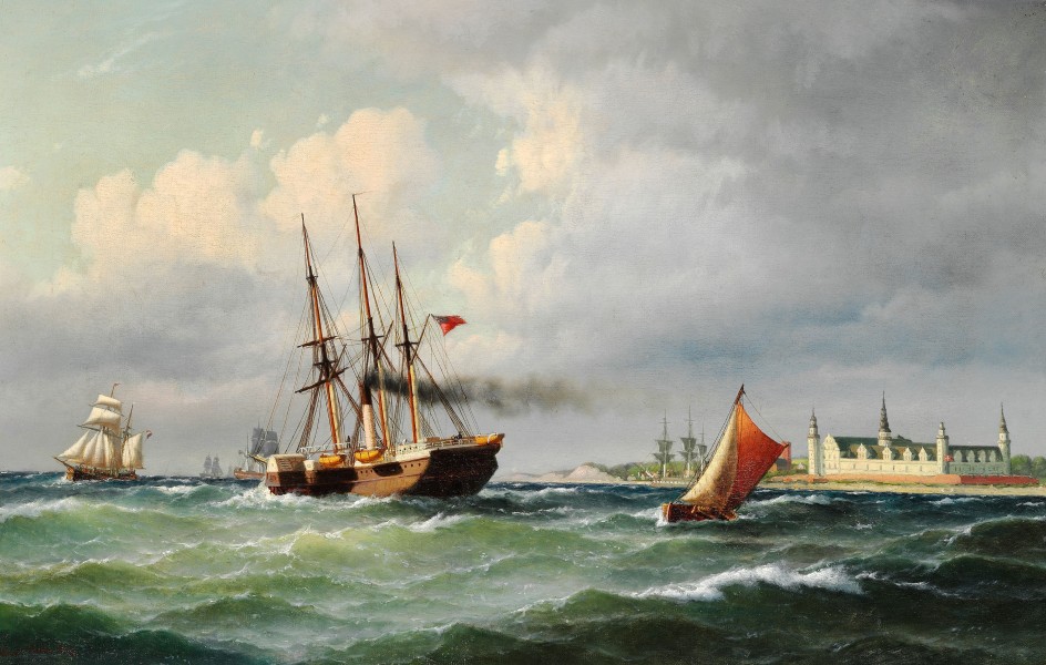 Carl Bille - Marinemaleri på Kronborg med talrige skibe og en pilot båd