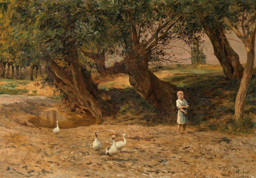 Carl Rudolf Huber - Das kleine Gänseliesel unter Weiden (1889)