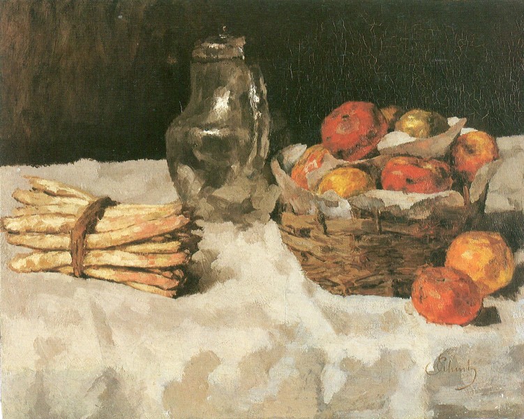 Carl Schuch - Äpfel auf Weiß; mit Körbchen, Zinnkrug und Spargelbund