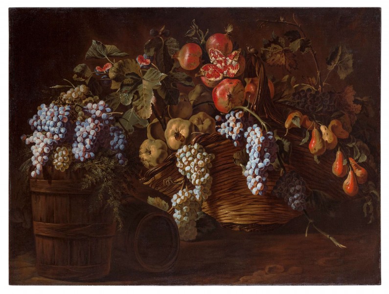 Carlo Manieri (Attr.) - Still Life with a Basket of Grapes, Pomegranates, Quinces and Pears, with a Fig Branch and a Cask of Grapes
